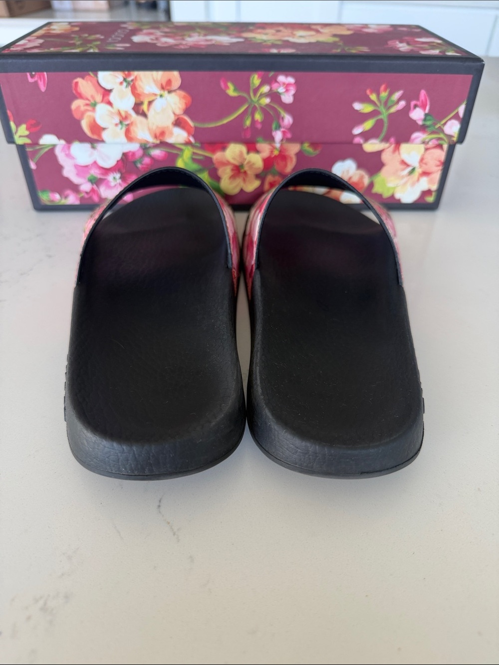 Real Gucci Floral GG Canvas Slide Sandals - Pink, Green - Picture 2 of 8